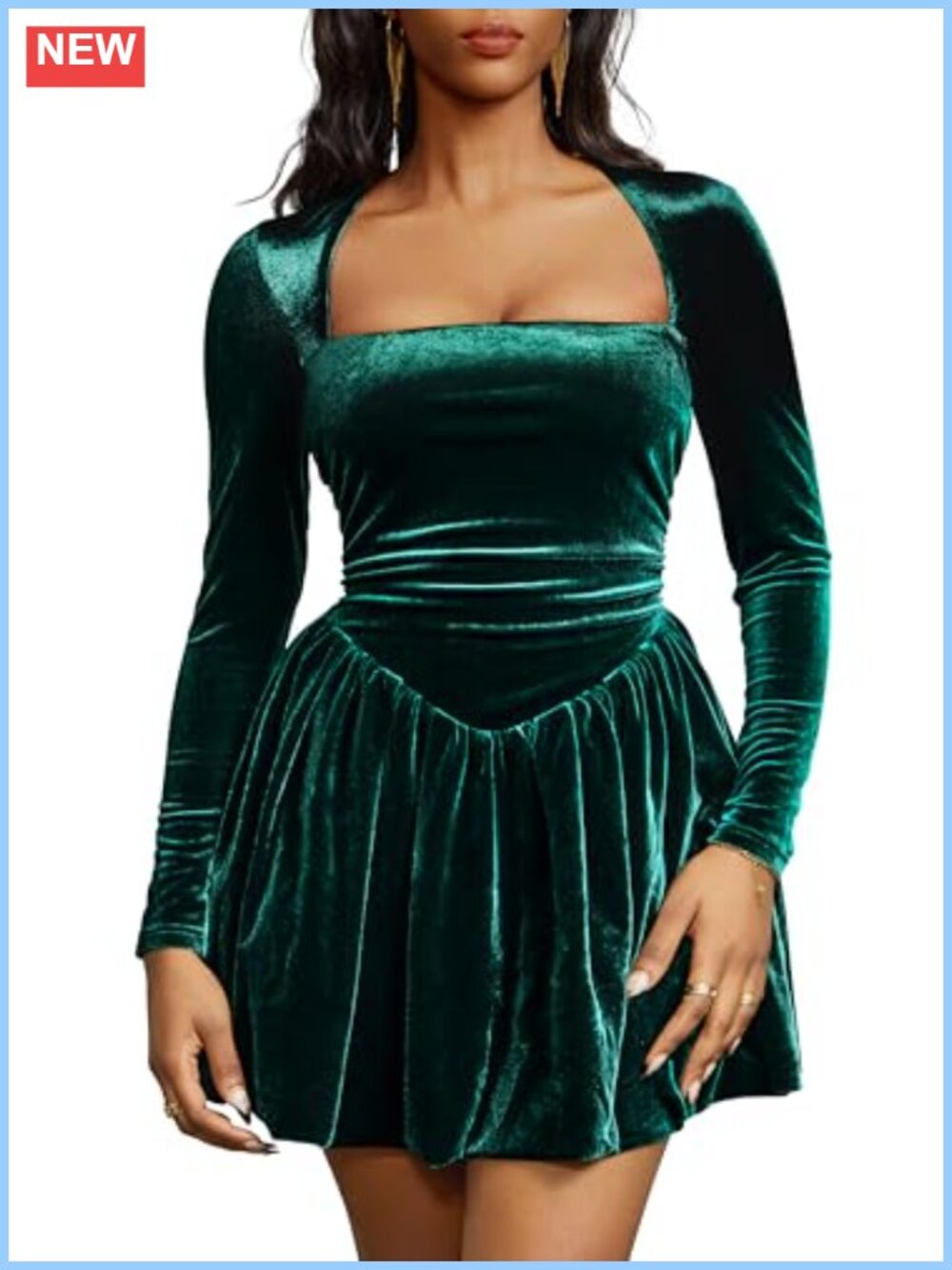 Womens Velvet Bubble Mini Dress Square Neck Ruched Waist Long Sleeve